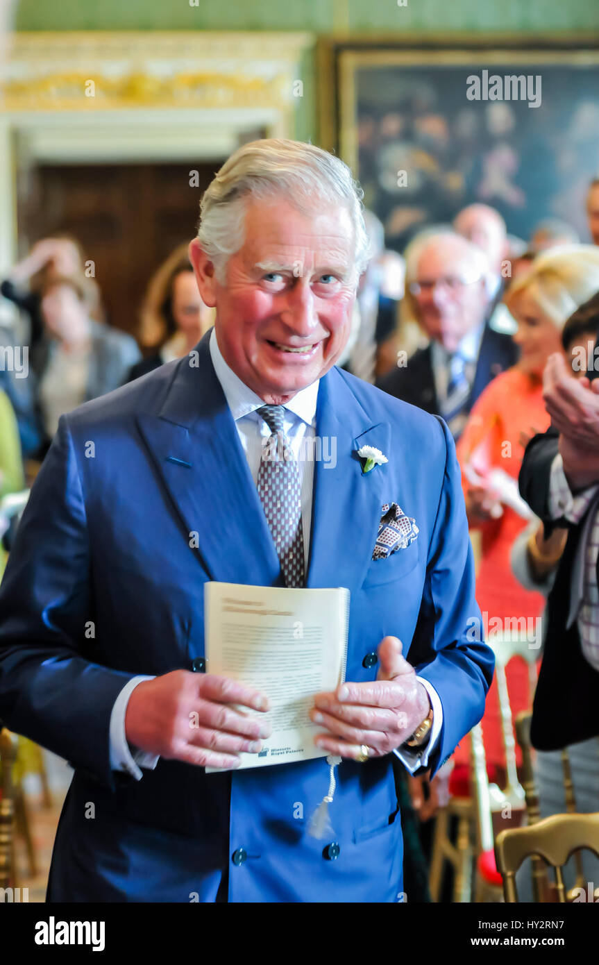 HILLSBOROUGH, NORTHERN IRELAND. 24 MAY 2016: HRH Prince Charles, the Prince of Wales, and The Duchess of Cornwall hold a musical evening in Hillsborough Palace to showcase some of the best local talent in Northern Ireland. It comes at the end of a two day visit to the provence, and ahead of a day in the Republic of Ireland. Stock Photo