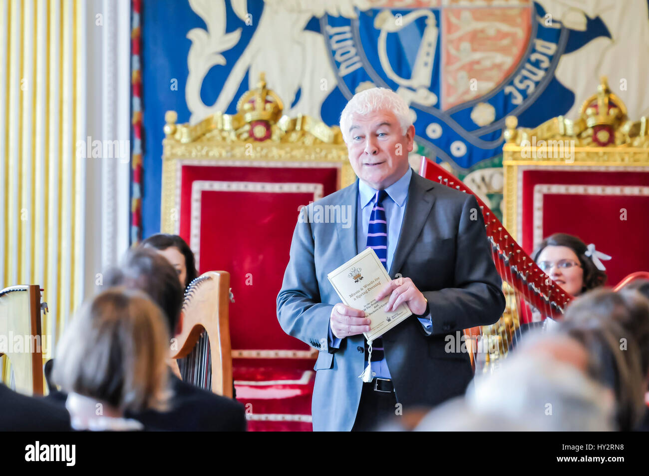 HILLSBOROUGH, NORTHERN IRELAND. 24 MAY 2016: BBC Radio 3's Sean Rafferty comperes a musical evening in Hillsborough Palace to showcase some of the best local talent in Northern Ireland to HRH Prince Charles, the Prince of Wales, and The Duchess of Cornwall. Stock Photo