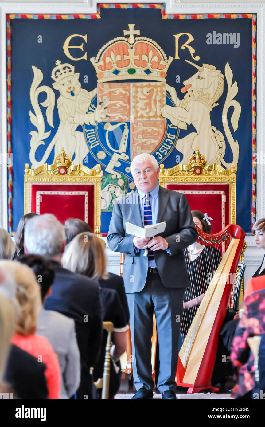 HILLSBOROUGH, NORTHERN IRELAND. 24 MAY 2016: BBC Radio 3's Sean Rafferty comperes a musical evening in Hillsborough Palace to showcase some of the best local talent in Northern Ireland to HRH Prince Charles, the Prince of Wales, and The Duchess of Cornwall. Stock Photo