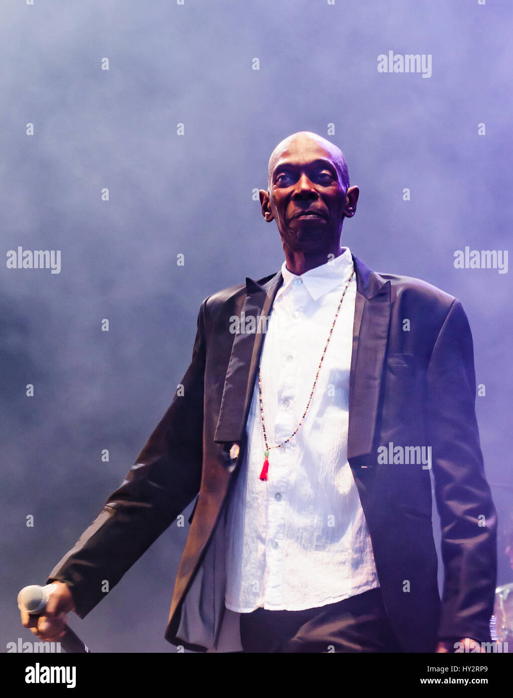BELFAST, NORTHERN IRELAND. 11 JUN 2016: Lead singer of the British dance band 'Faithless', Maxi Jazz (born Maxwell Fraser) at the Belsonic festival in Belfast. Stock Photo