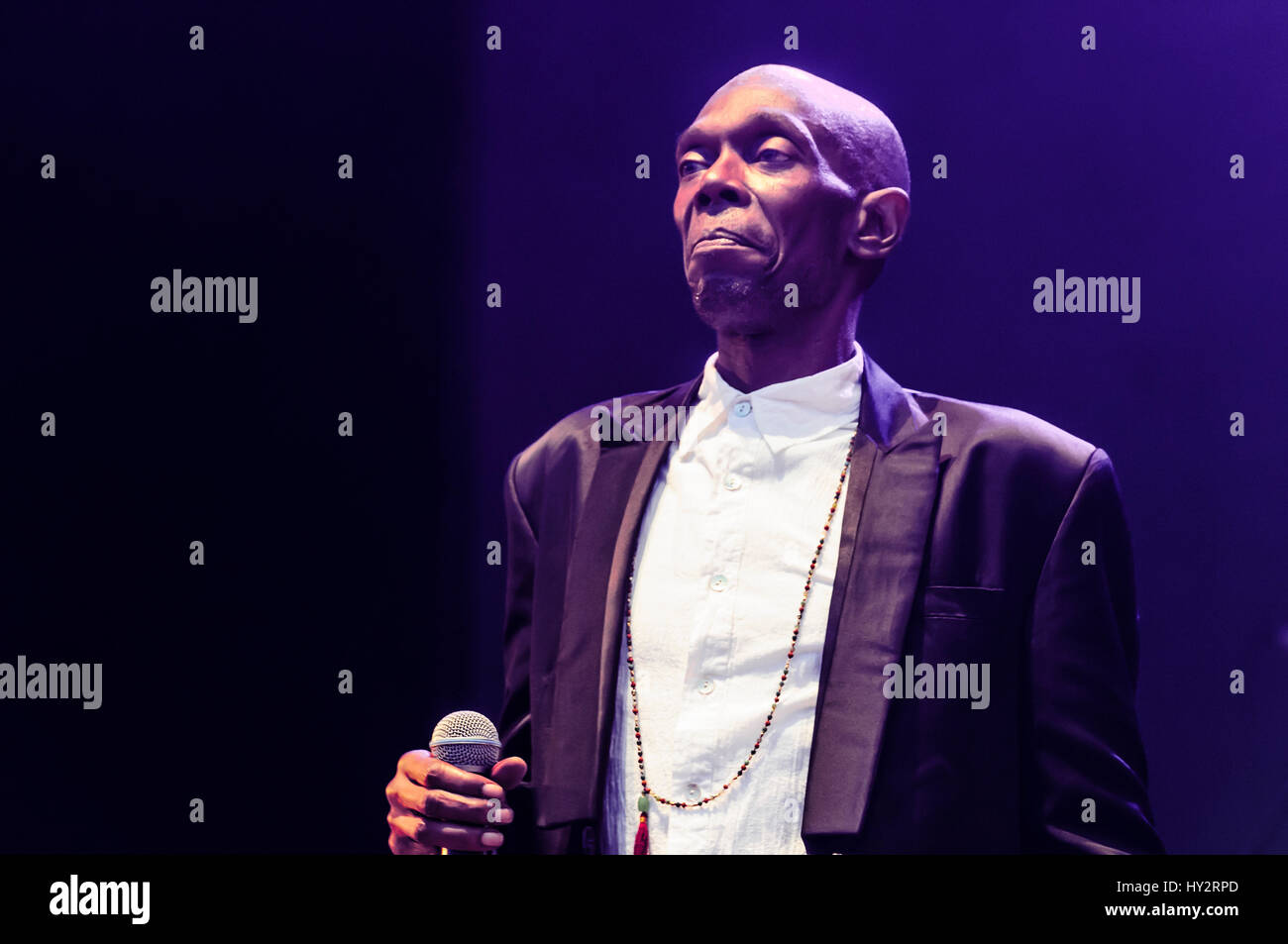 BELFAST, NORTHERN IRELAND. 11 JUN 2016: Lead singer of the British dance band 'Faithless', Maxi Jazz (born Maxwell Fraser) at the Belsonic festival in Belfast. Stock Photo