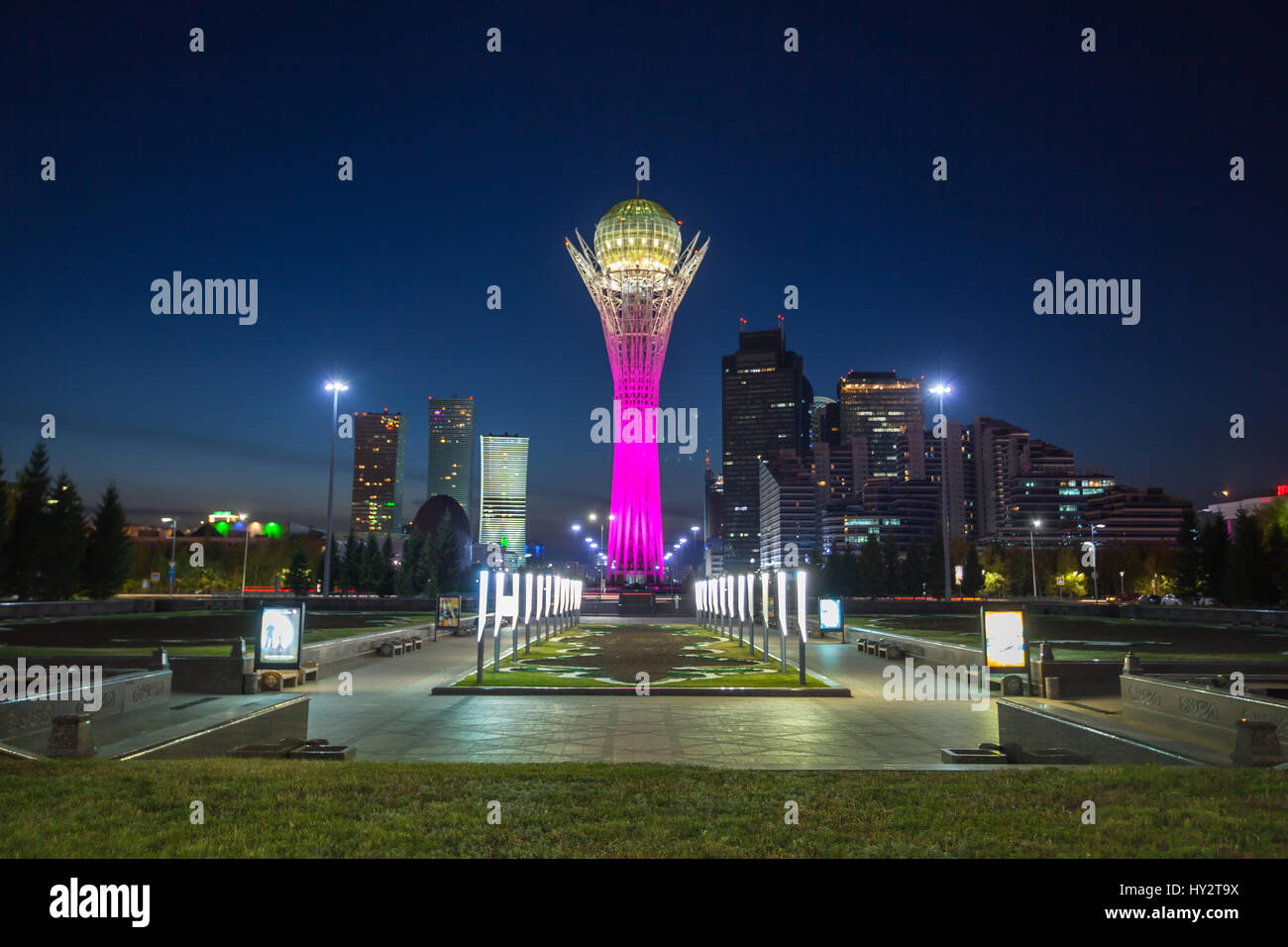 Astana city at night, in the center of the photo Baiterek monument. Capital of Kazakhstan. Stock Photo
