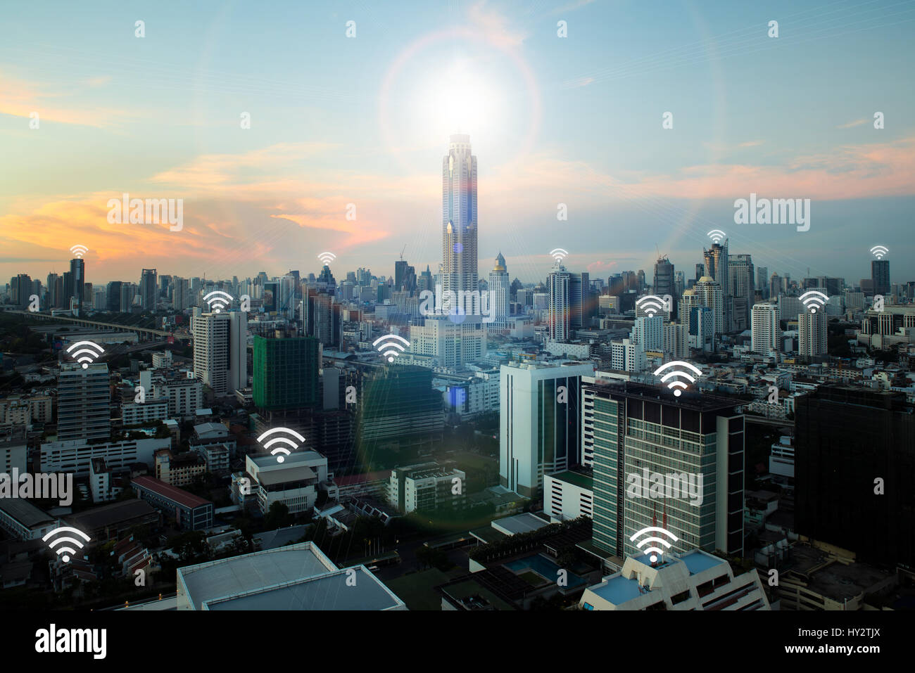Wifi icon and Bangkok city with network connection concept, Bangkok smart city and wireless communication network, abstract image visual, internet of  Stock Photo