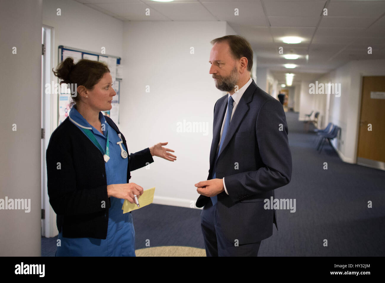 NHS England's chief executive Simon Stevens speaks to staff during the launch of the Next Steps on the NHS Five Year Forward View at Aldershot Centre for Health. Stock Photo