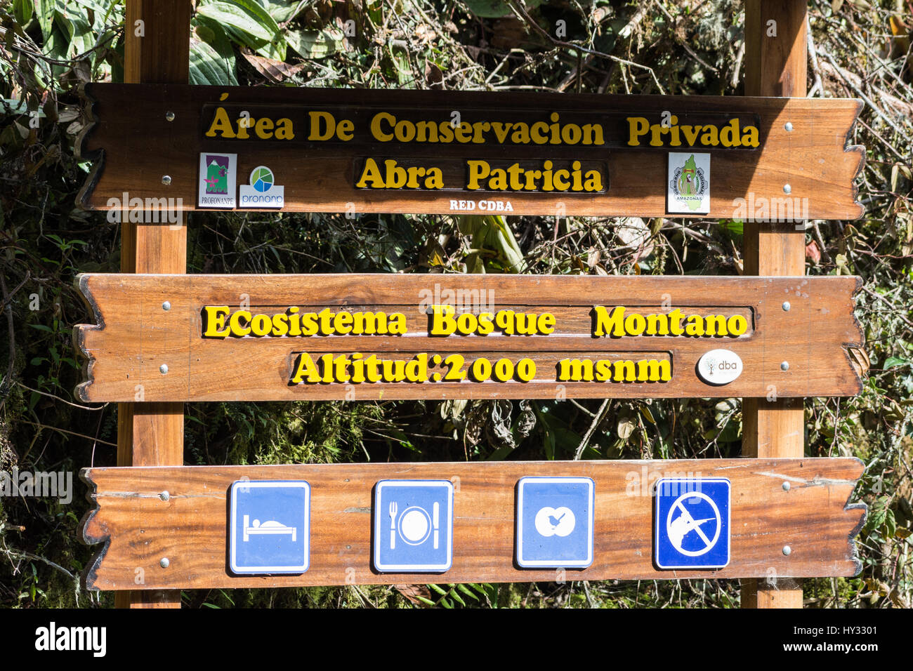 Sign at the Private Conservation of Long-whiskered Owlet in Abra Patricia. Northern Peru. Stock Photo