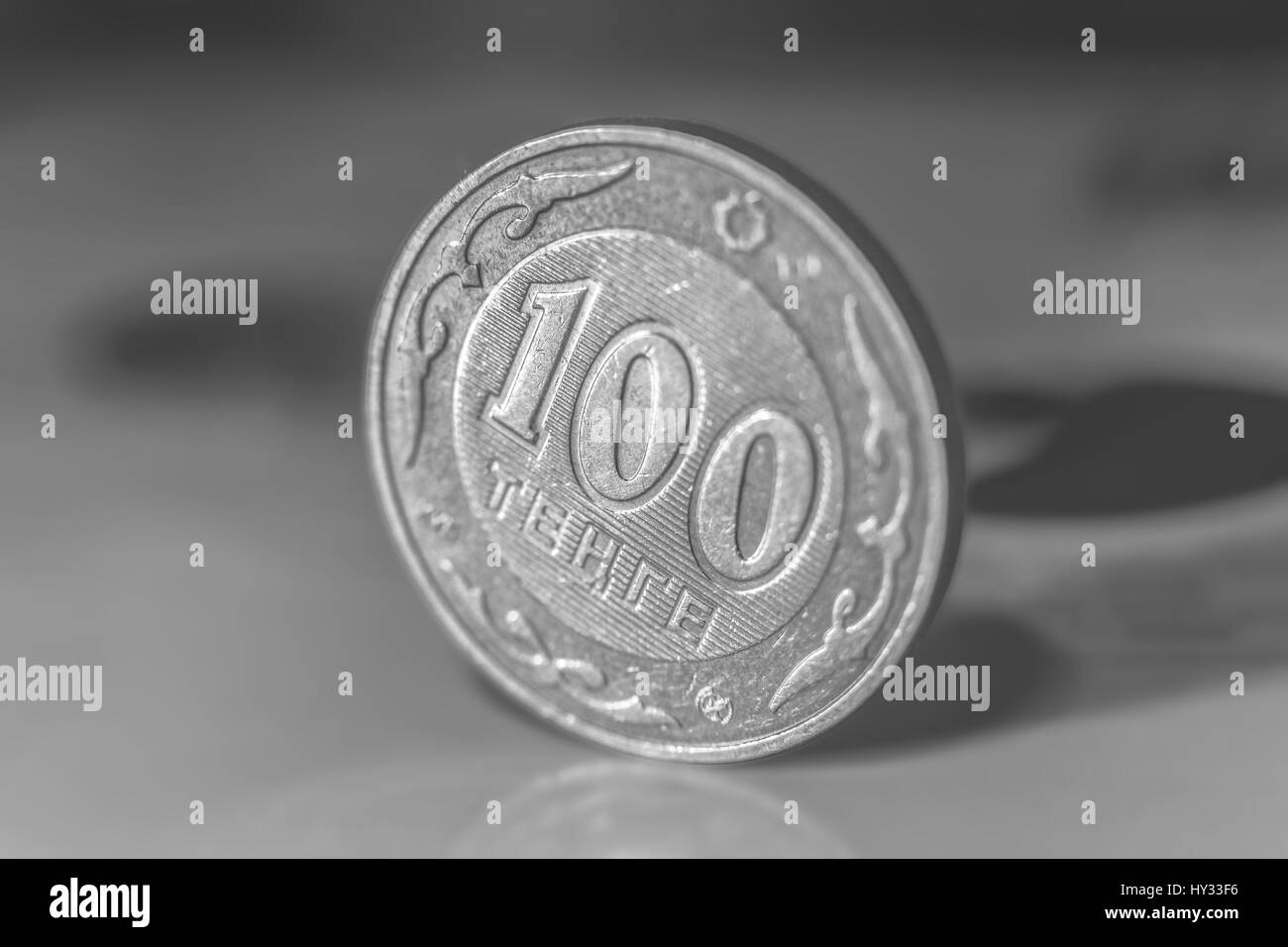 One hundred tenge - Kazakhstan money. Black and white photo. Stock Photo