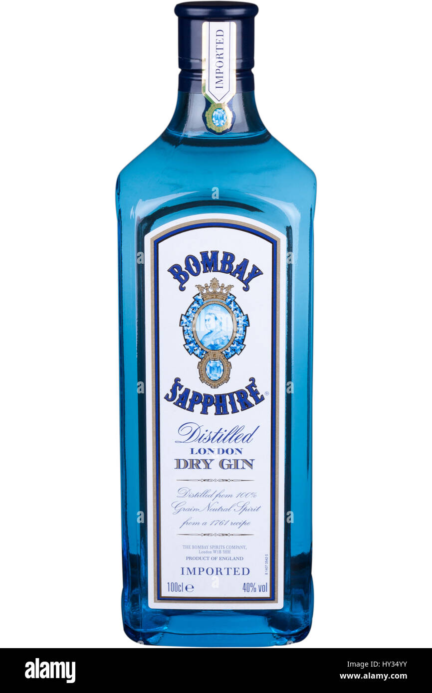 A bottle of Bombay Sapphire dry Gin, on a solid white background. Stock Photo