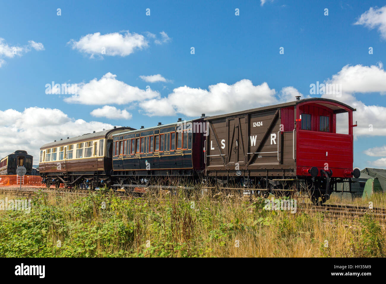 Vintage restored railway carriages and guards van displayed at the 2016 Norton Fitzwarren Steam & Vintage Vehicle Rally, Somerset Stock Photo