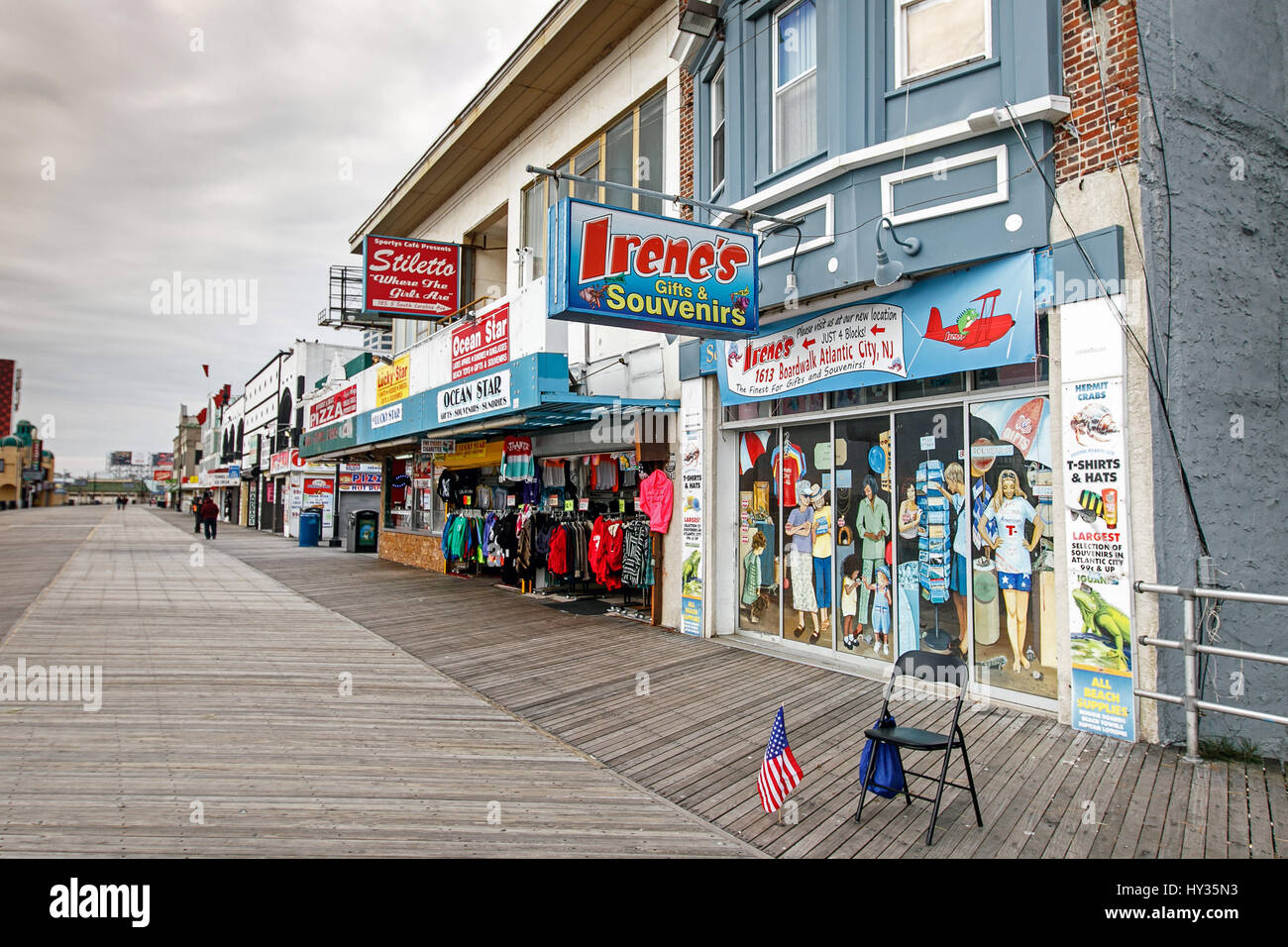 Atlantic City, NJ, December 11, 2016: Gift shops on empty boardwalk. Durning winter hardly anybody is interested in the items offered. Stock Photo