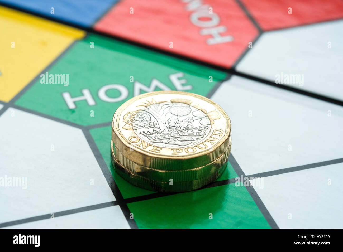 Pound coins at 'Home' on Ludo Board Stock Photo