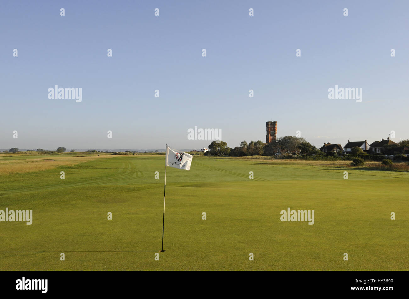 View from the 18th Green back towards Fairway and Golf Course, Littlestone golf course, Littlestone, Kent, England Stock Photo