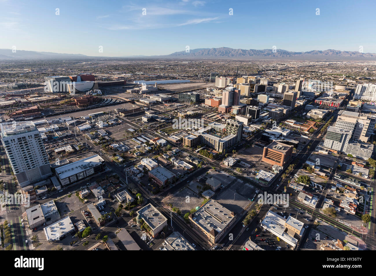 Las Vegas, Nevada, USA - March 13, 2017:  Aerial view of downtown buildings and streets. Stock Photo