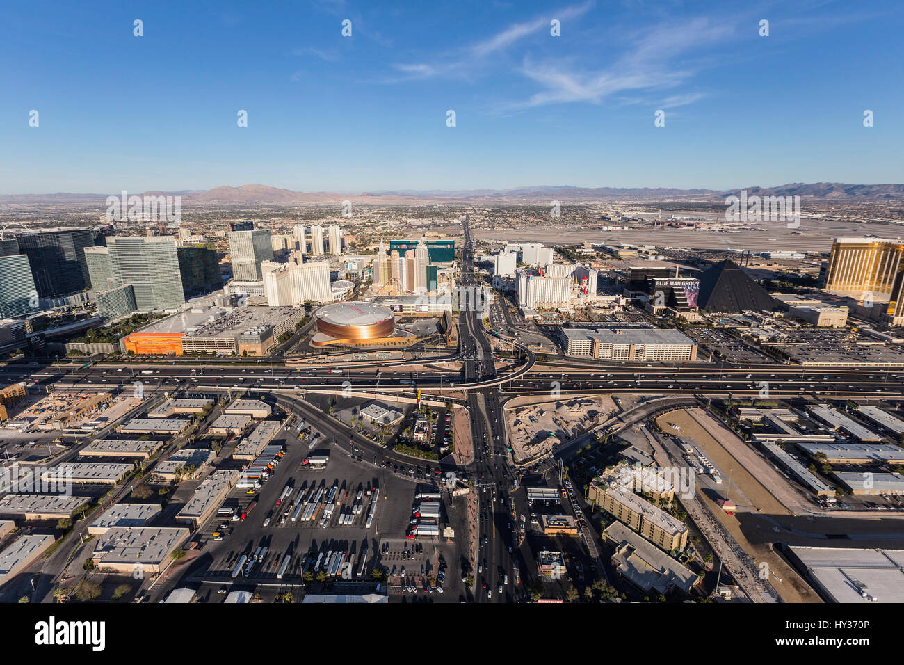 Las Vegas, Nevada, USA - March 13, 2017:  Aerial view of the Tropicana Ave and Interstate 15 near the Las Vegas Strip. Stock Photo