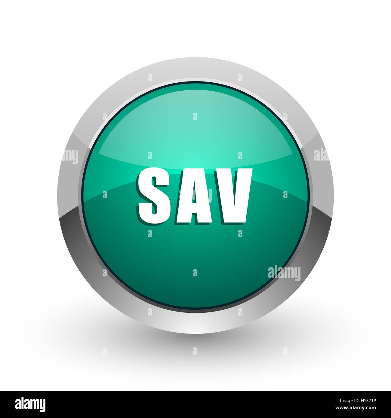 Sav silver metallic chrome web design green round internet icon with shadow on white background. Stock Photo