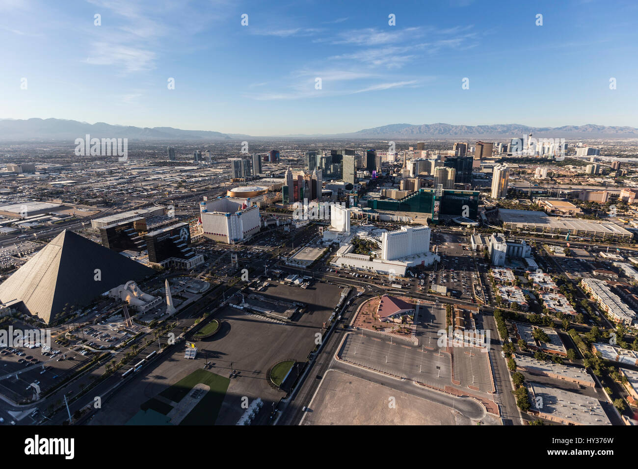 Las Vegas, Nevada, USA - March 13, 2017:  Aerial view of casino resorts along the Las Vegas Blvd in Southern Nevada. Stock Photo