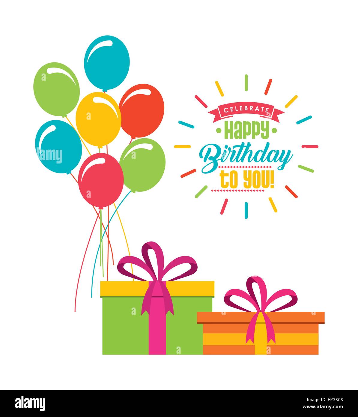 happy birthday card with gift boxes and colorful balloons over ...