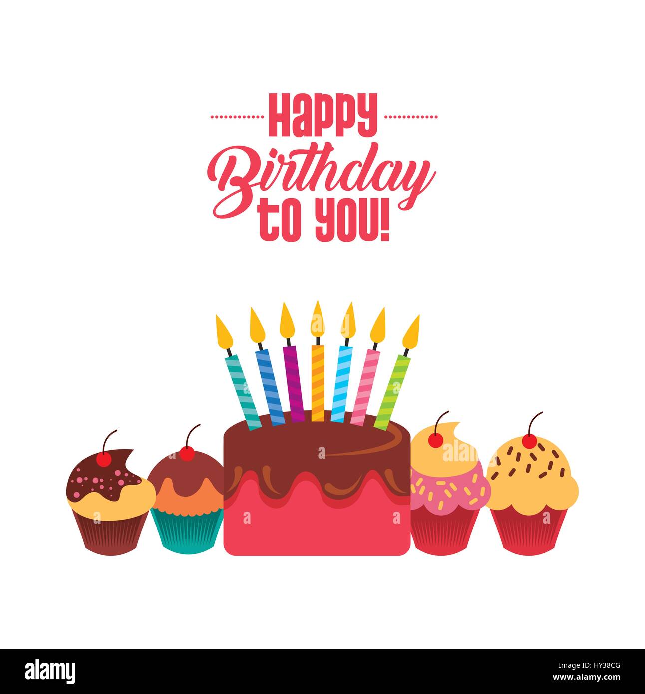 Happy Birthday Card With Cupcakes And Cake With Candles Icon Over