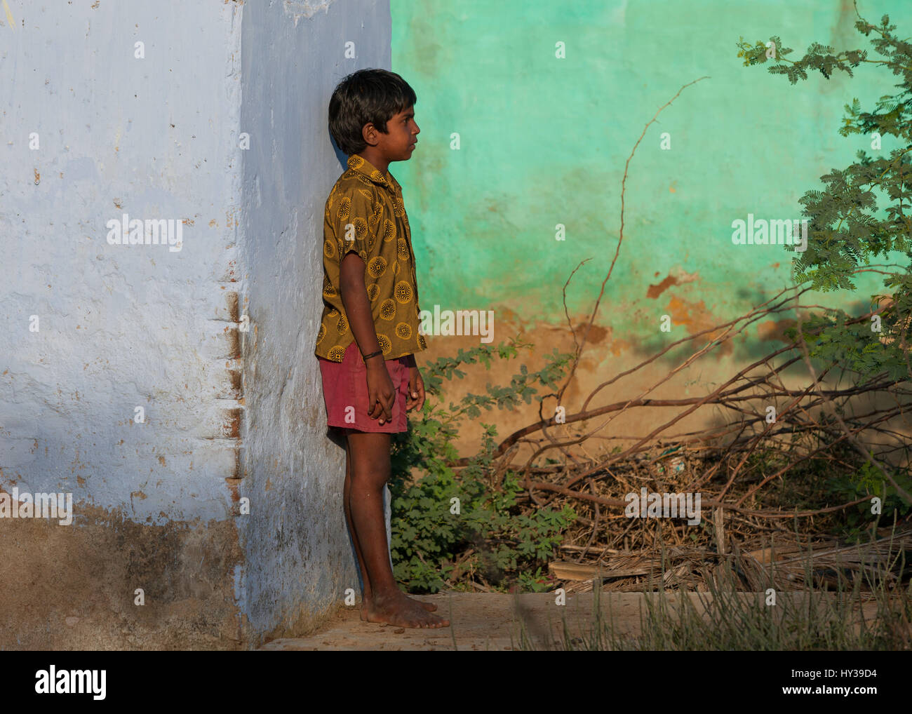 Young boy leaning against wall in Koonthankulam, Tamil Nadu,India, Stock Photo