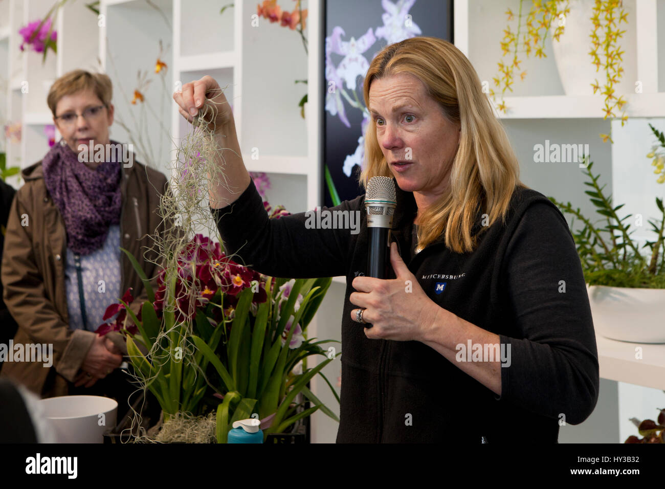 Female botanist speaking to public about various orchids - USA Stock Photo