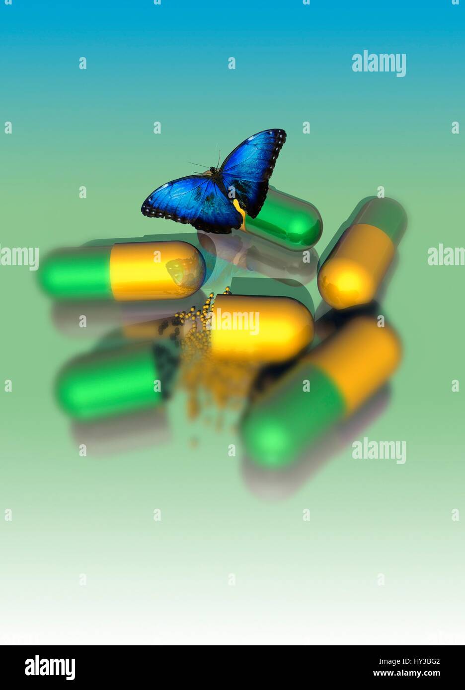 Capsules and butterfly, conceptual illustration. Stock Photo