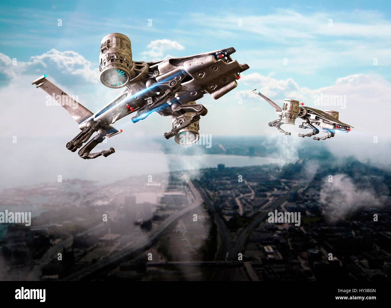 Drones flying over futuristic city, illustration. Stock Photo