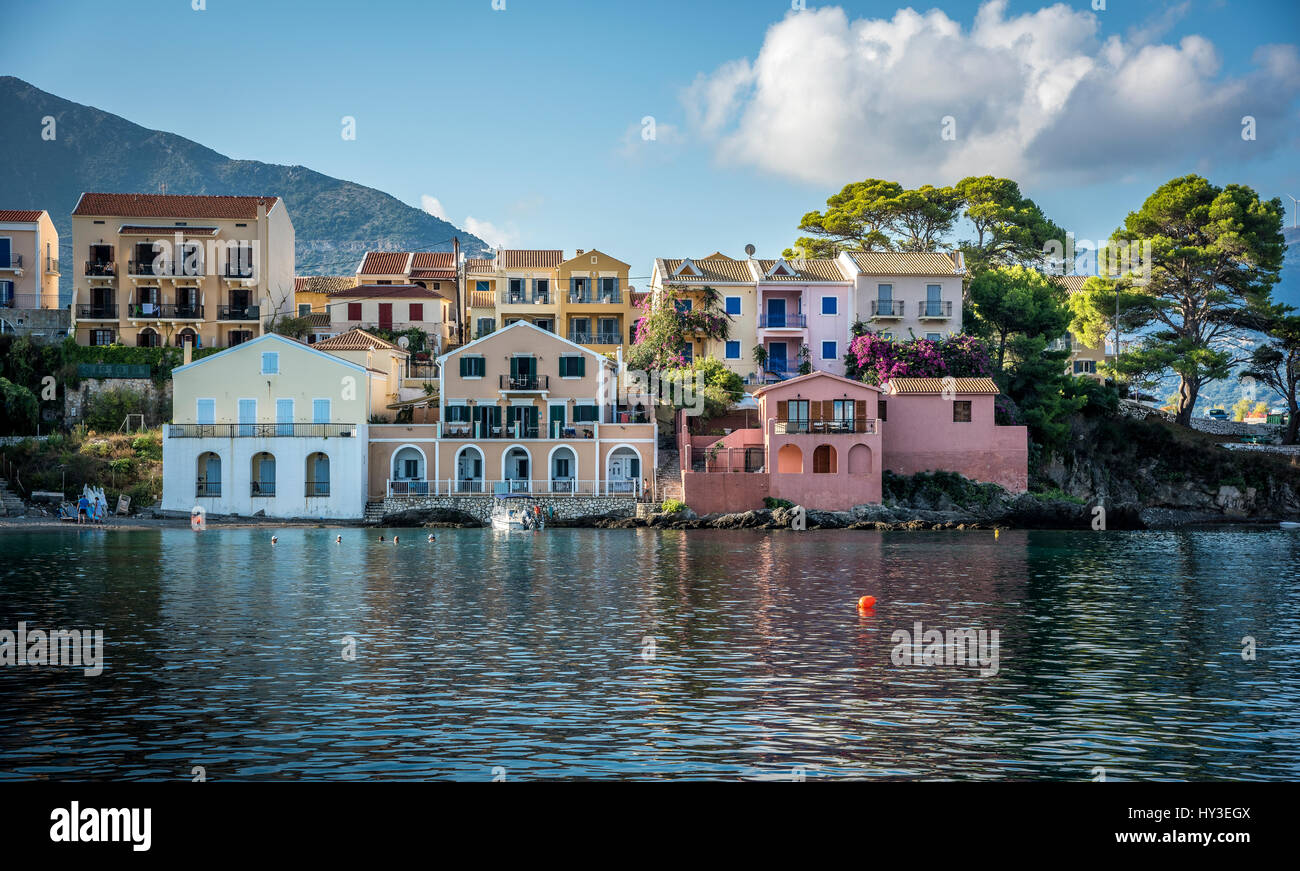 Greece, Cephalonia, Assos, Townhouses on waterfront Stock Photo