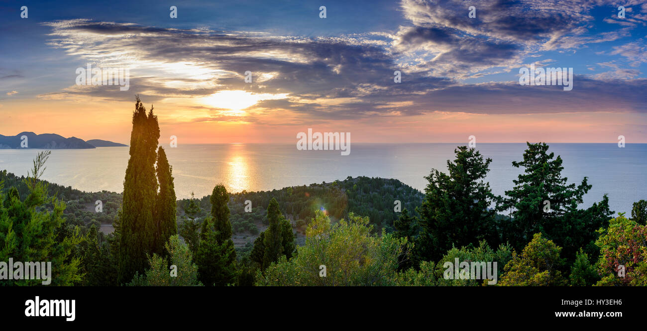 Greece, Cephalonia, Assos, Scenic sunset over sea Stock Photo