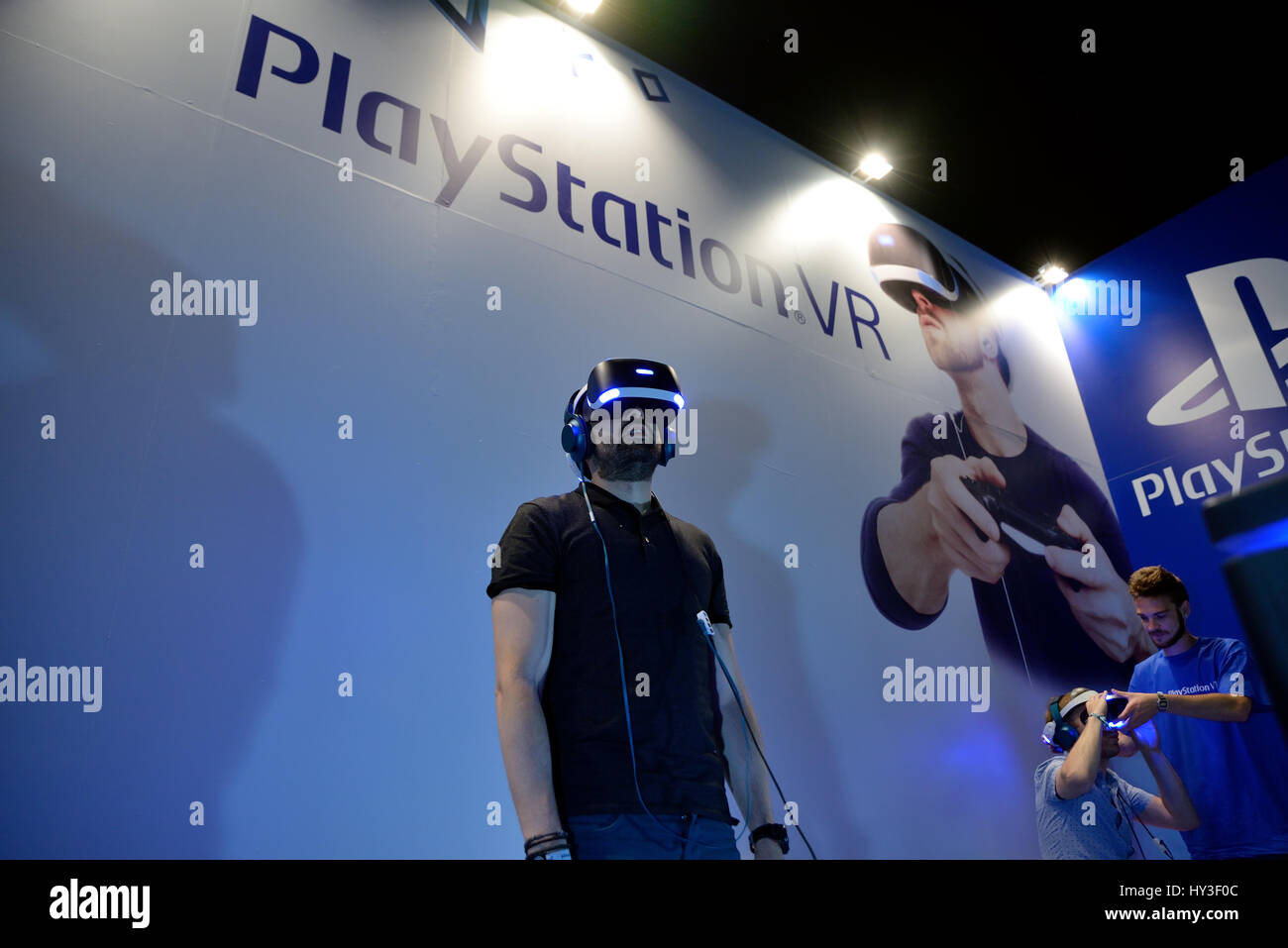 BARCELONA JUN 16 A man tries the Playstation VR (Virtual Reality