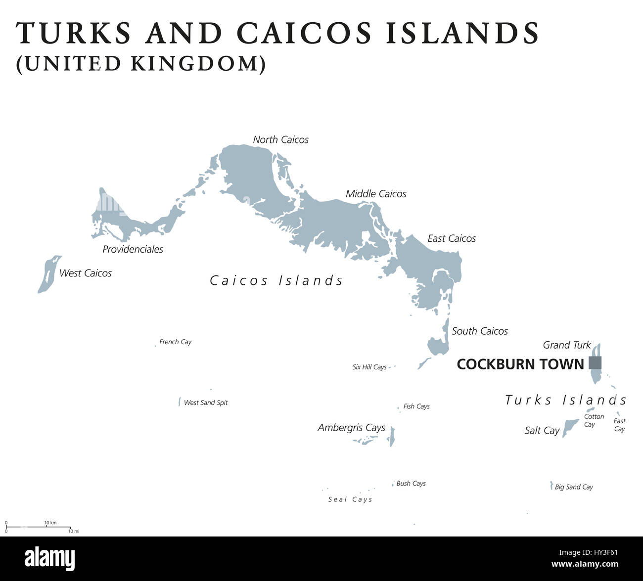 Turks And Caicos Islands political map with capital Cockburn Town. TCI, British Overseas Territory in the Lucayan Archipelago of Atlantic Ocean. Stock Photo