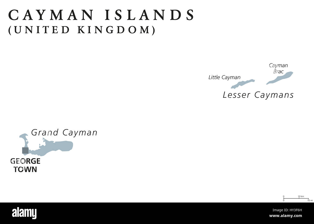 Cayman Islands political map with capital George Town. British Overseas Territory. Three islands in the western Caribbean Sea. Gray illustration. Stock Photo