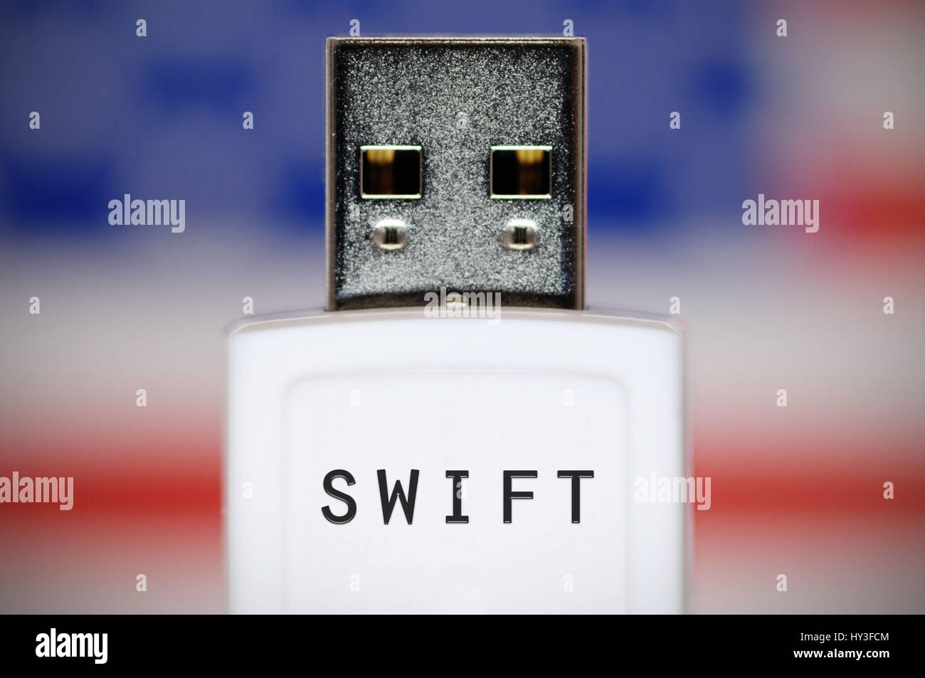 Memory kink with label Swift before the USA flag, Swift agreement, Speicherstick mit Aufschrift Swift vor der USA-Fahne, Swift-Abkommen Stock Photo