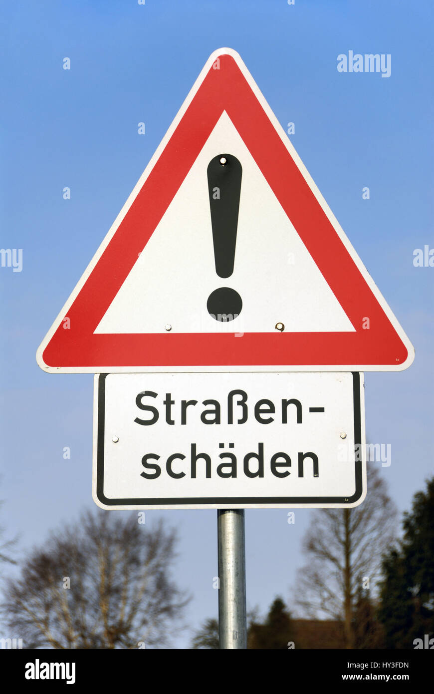Warning street damages, Warnschild Straßenschäden Stock Photo