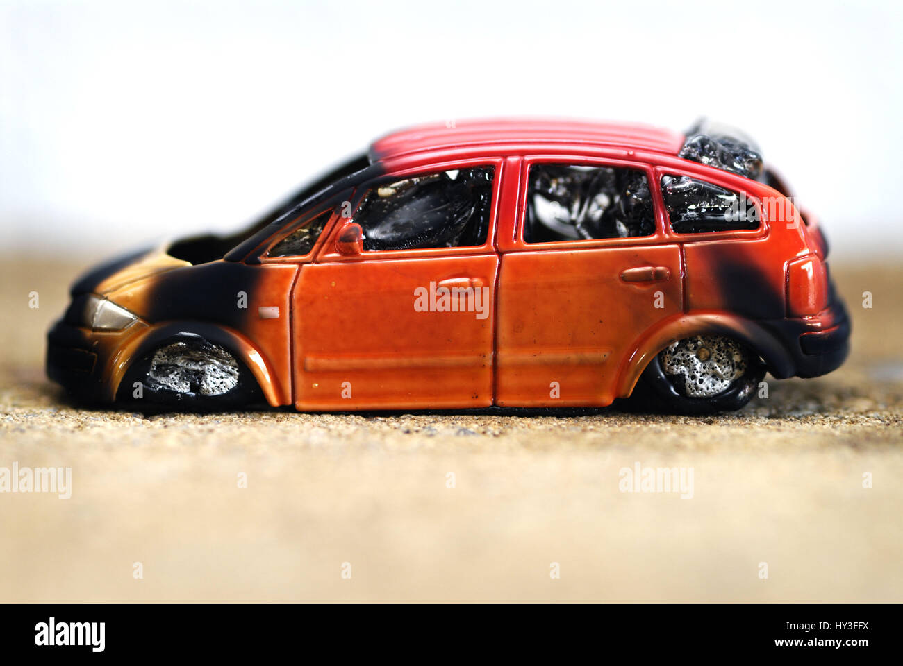 Verbrantes miniature car, Verbrantes Miniaturauto Stock Photo
