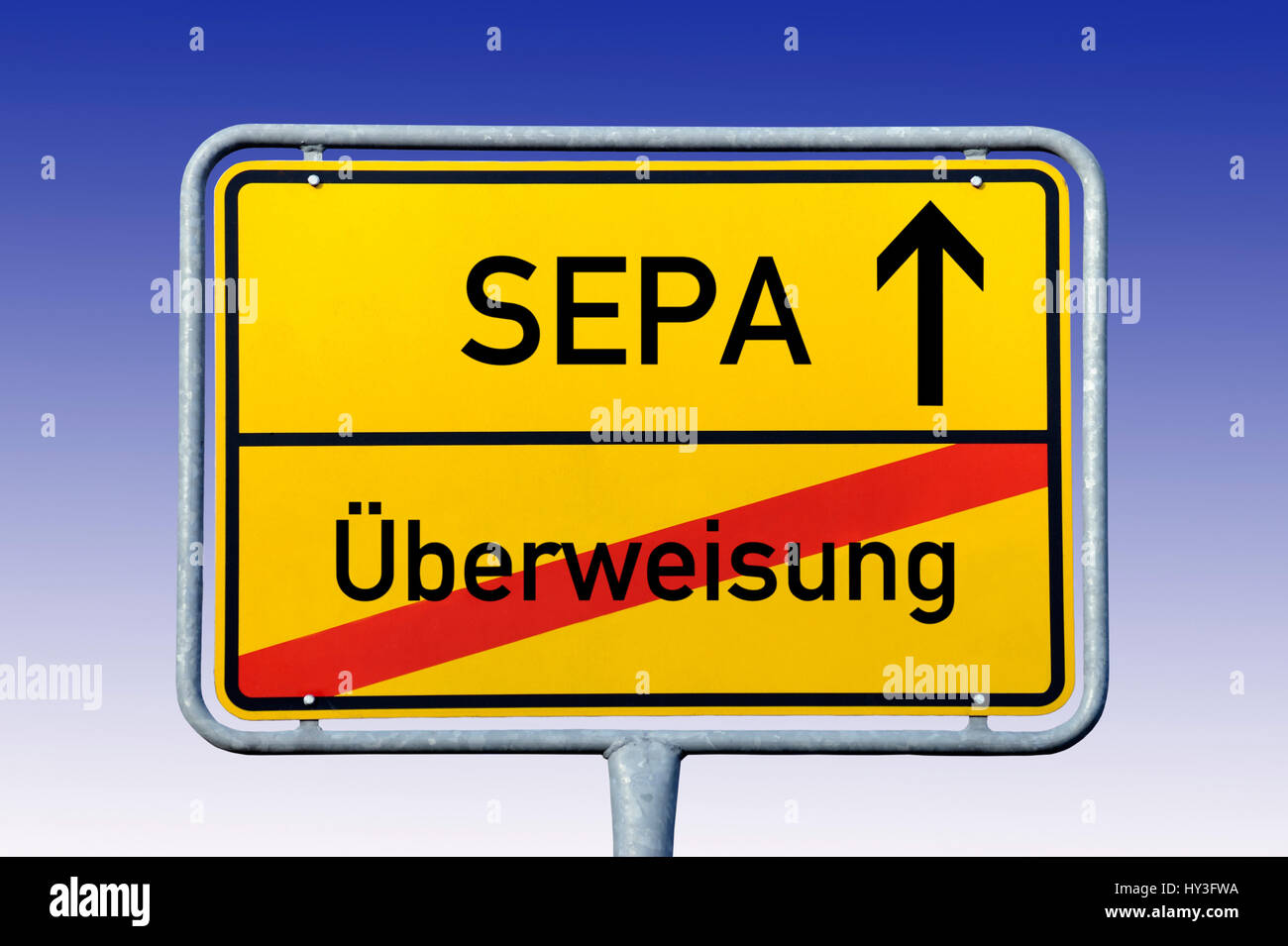 Local sign with label SEPA and ? ? berweisung, Ortsschild mit