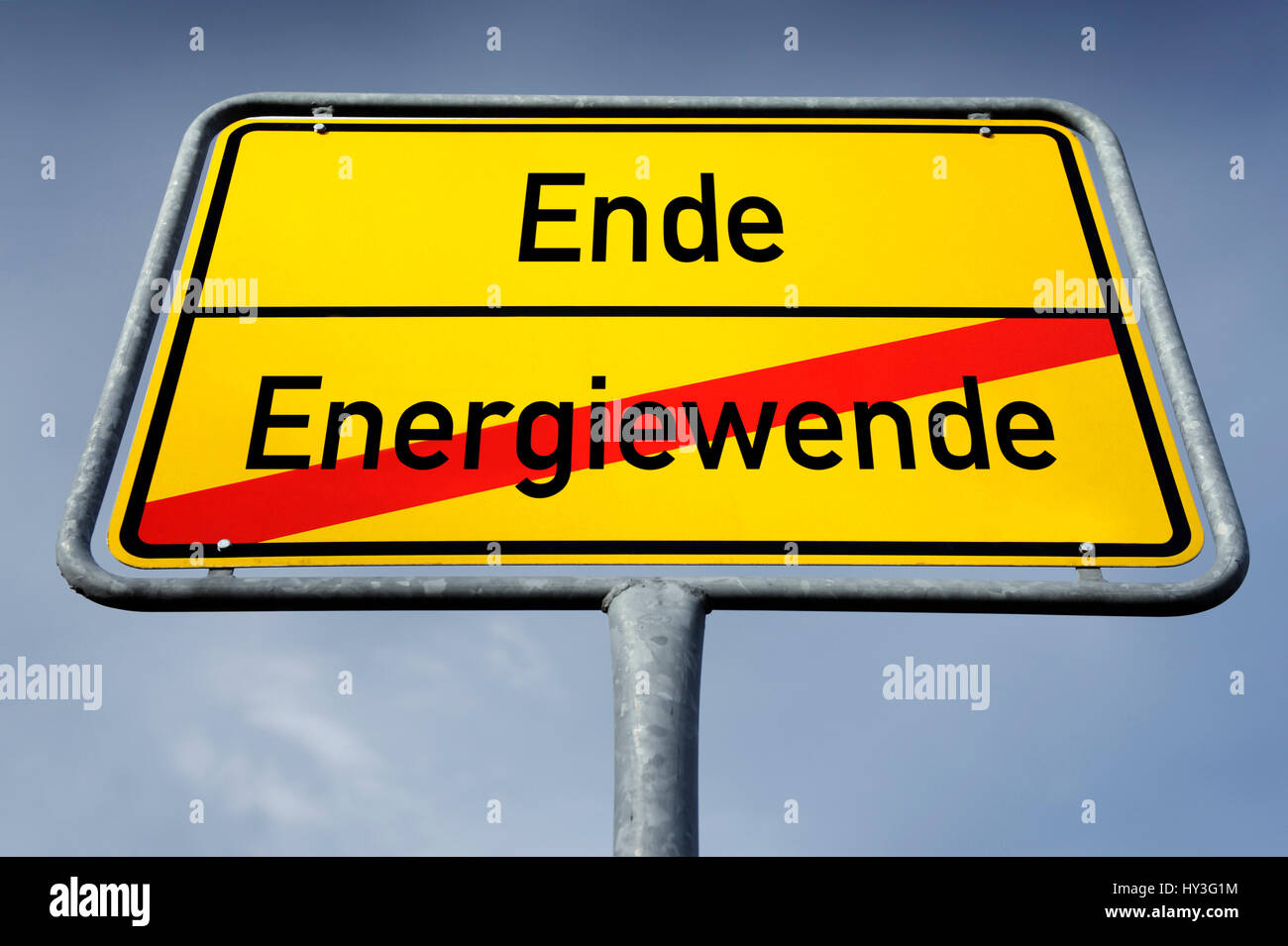 Local sign Energy turn and End, Difficulties with the conversion of the energy turn, Ortsschild Energiewende und Ende, Schwierigkeiten bei der Umsetzu Stock Photo
