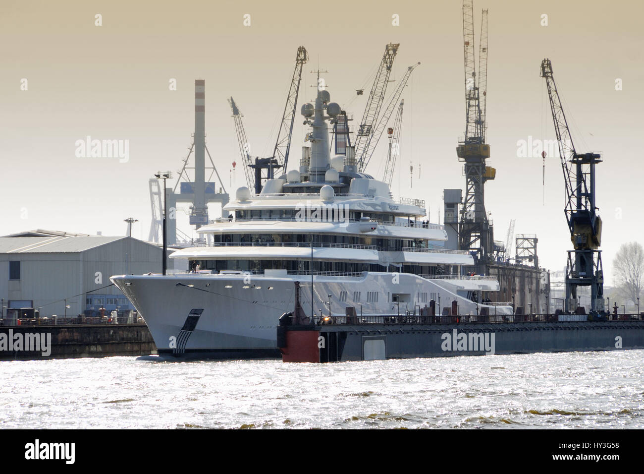 The mega yacht Eclipse in the swimming dock of Blohm and Voss in the Hamburg harbour, Germany, Europe, Die Megayacht Eclipse im Schwimmdock von Blohm  Stock Photo