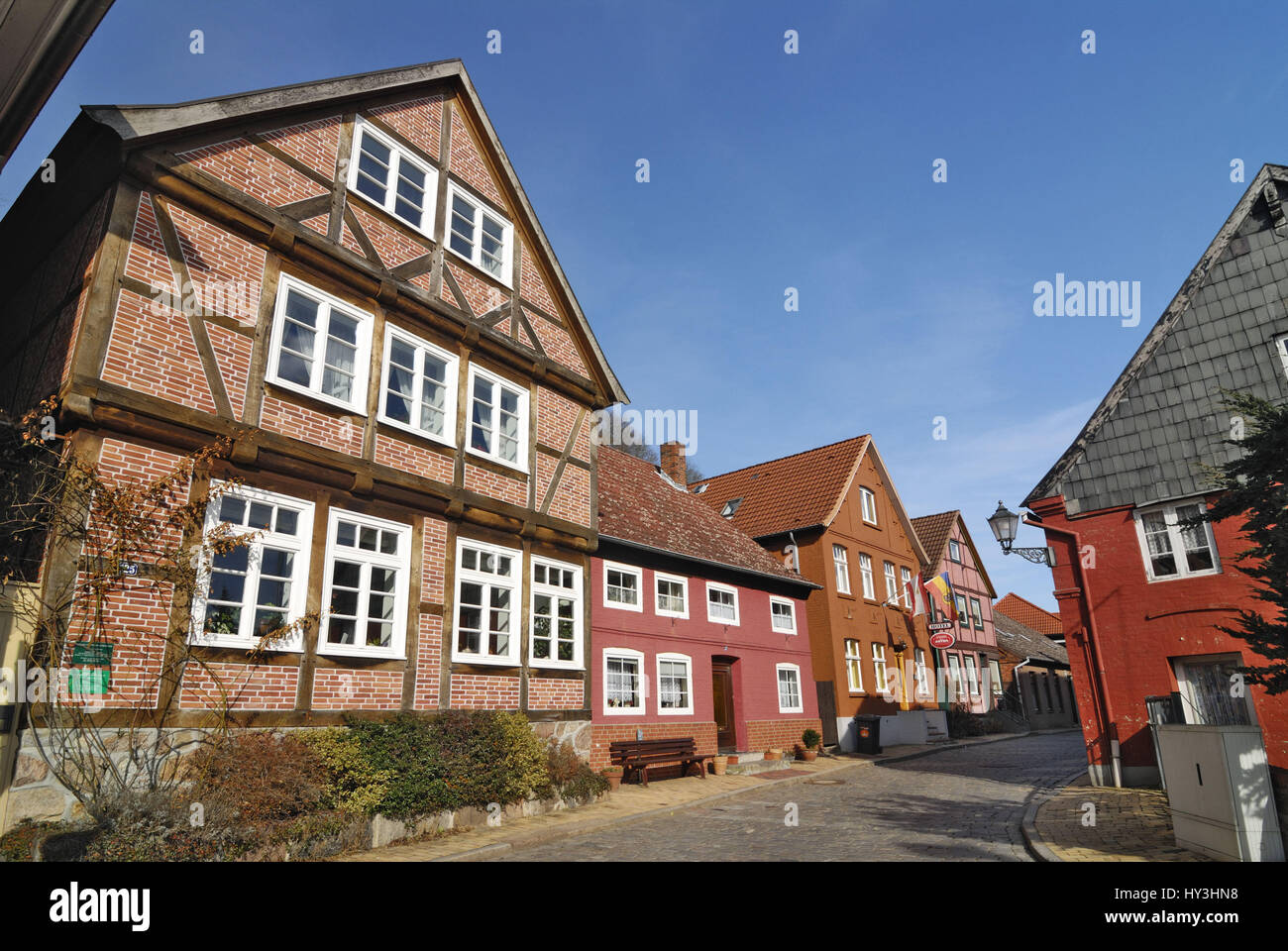 Historical houses in Elbstrasse in the untertown of Lauenburg in Schleswig - Holstein, Germany, Europe, Historische Häuser an der Elbstraße in der Unt Stock Photo