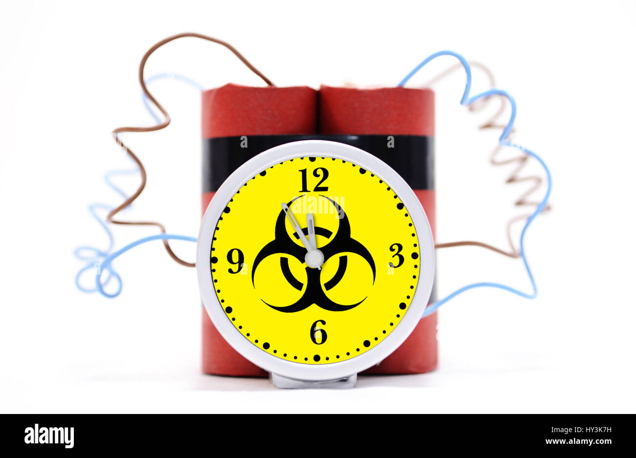 Time bomb with biology danger sign, Zeitbombe mit Biogefährdungszeichen Stock Photo