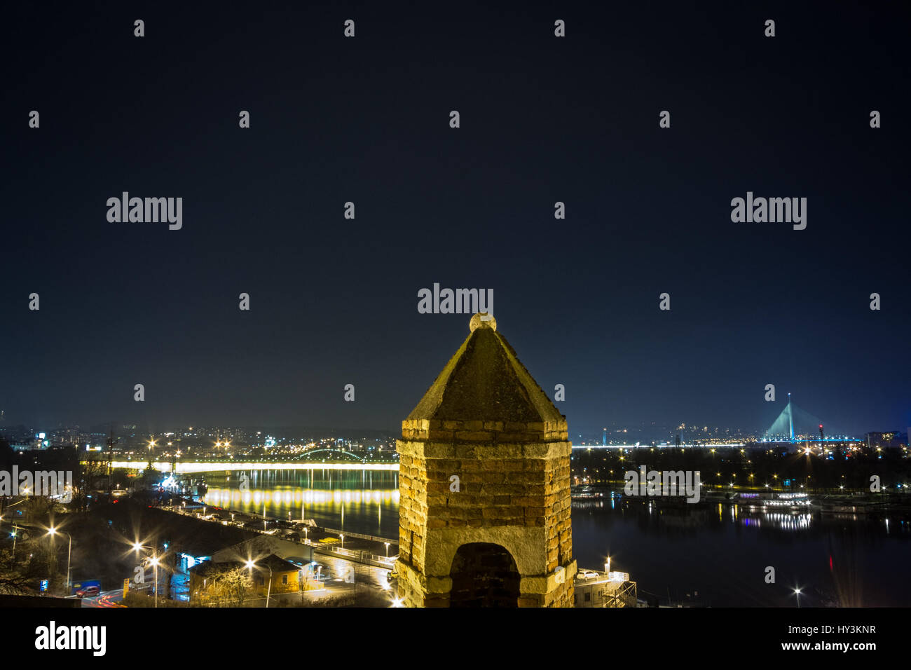 Panorama of Belgrade, Serbia, in a winter evening seen from Kalemegdan fortress  Picture of Belgrade, capital city of Serbia, and the Sava river from  Stock Photo