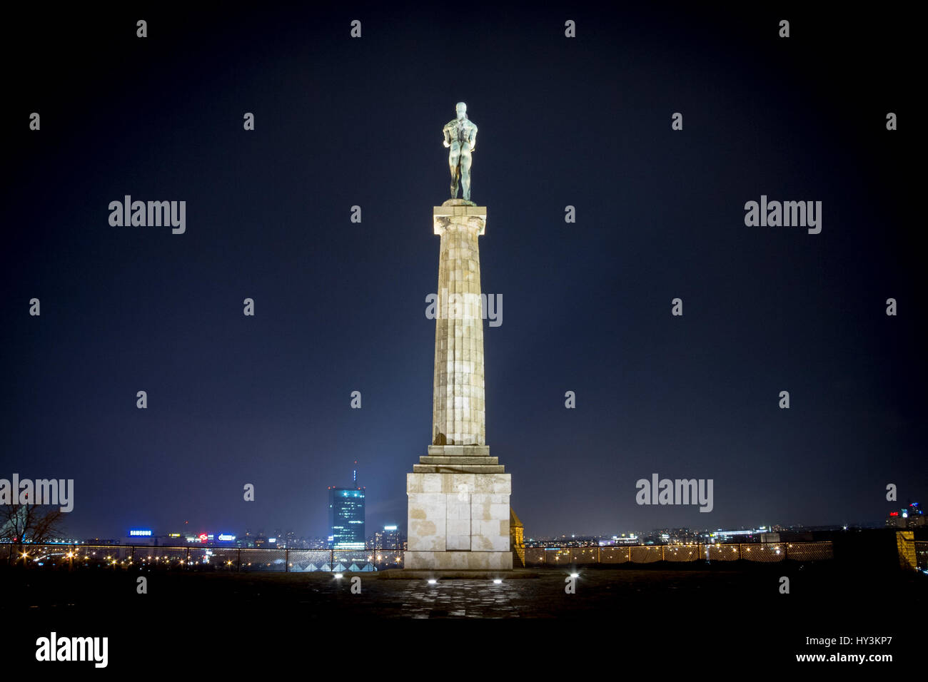 Victor statue on Kalemegdan fortress by night - Belgrade - Serbia   Picture of the iconic victory statue seen on Belgrade's fortress, Kalemegdan, in t Stock Photo