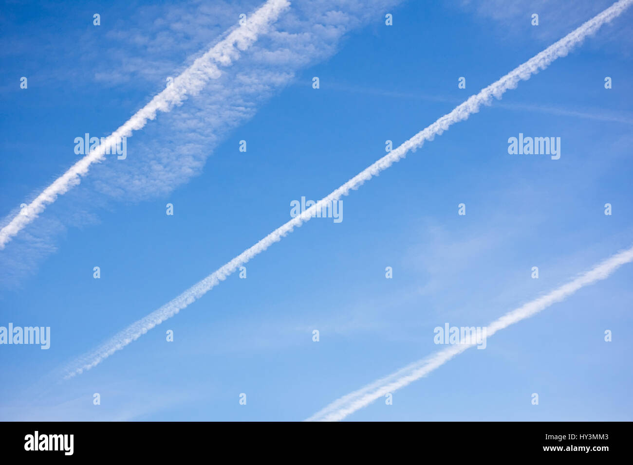 Plane traces on blue sky,Stoke on Trent,Staffordshire,United Kingdom. Stock Photo