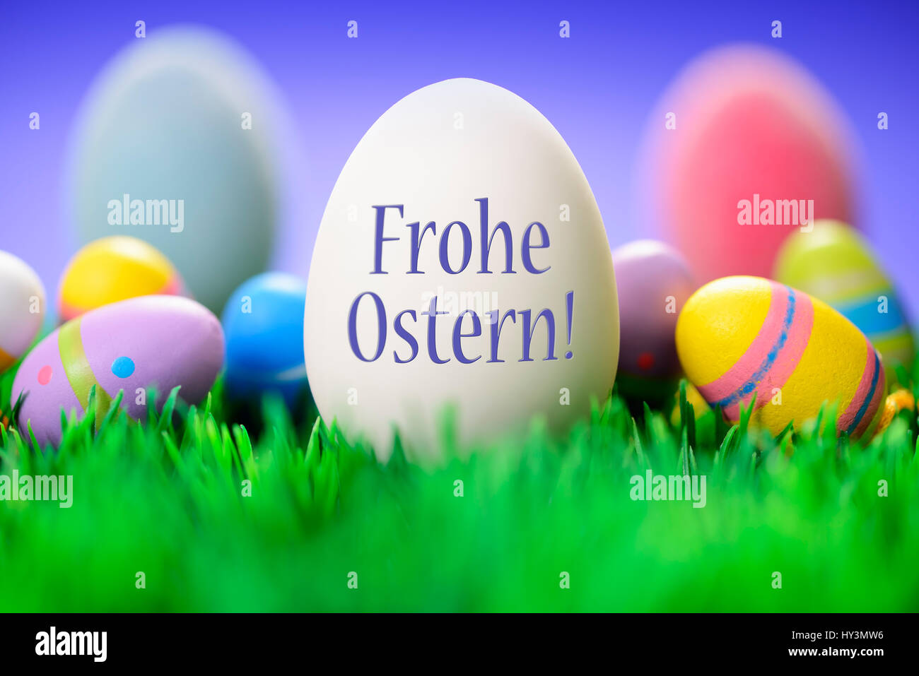 Coloured Easter eggs and Easter greeting, Bunte Ostereier und Ostergruß Stock Photo