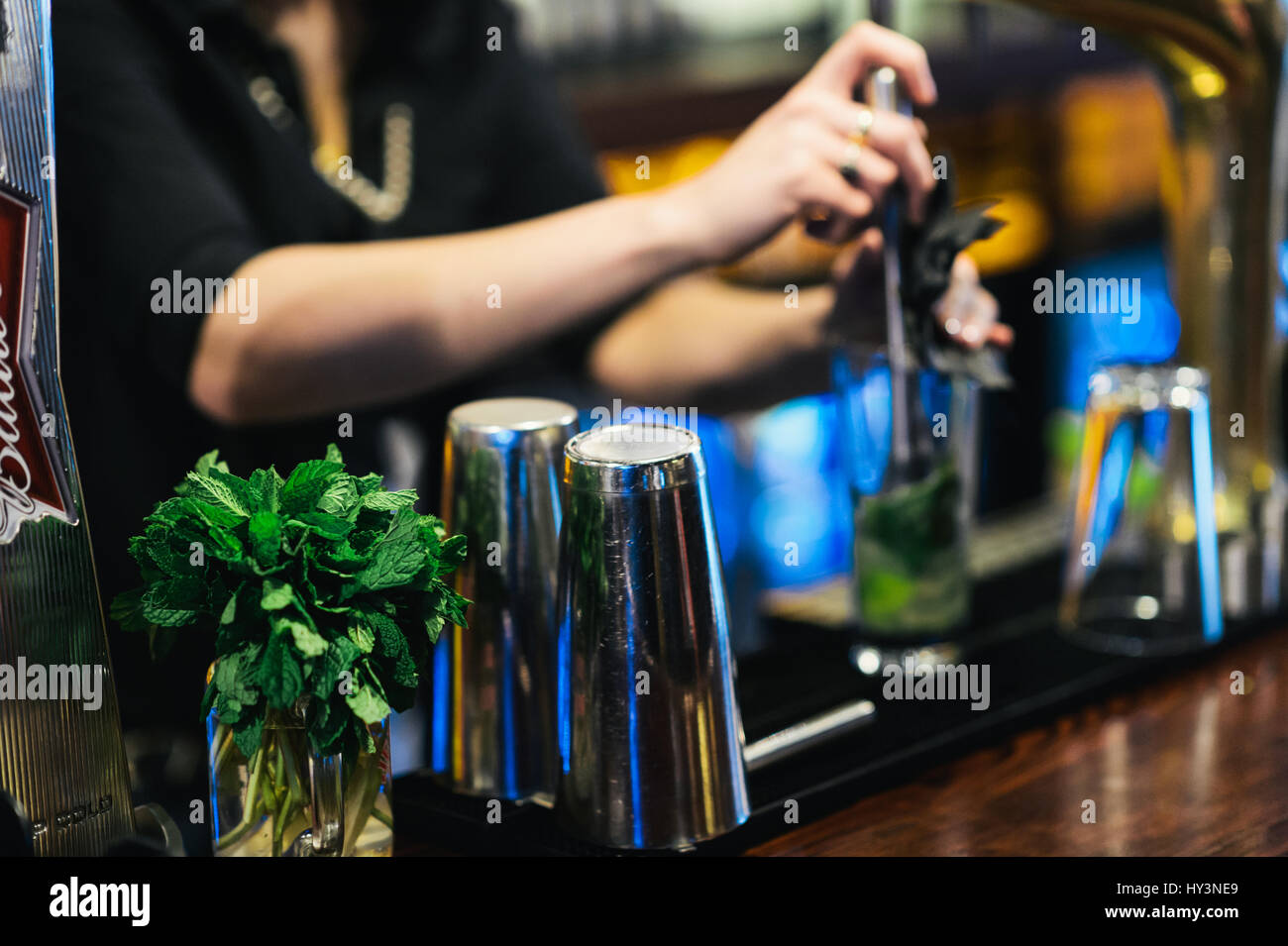Bartender Preparing a Mojito Cocktail in a Tall Glass with Mint Leaves in the Foreground Stock Photo