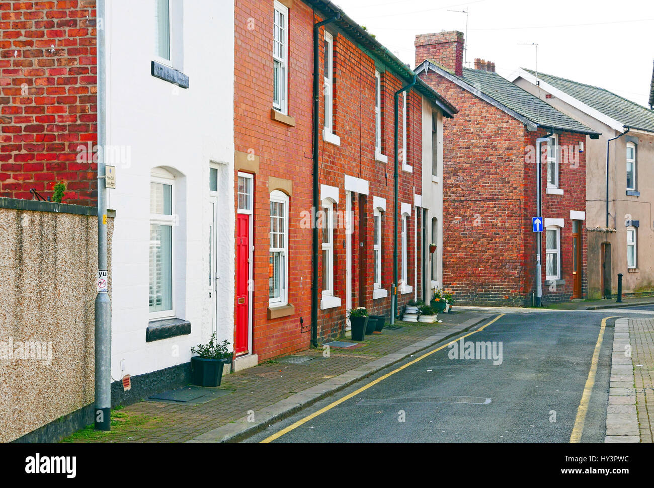 Typical small street containing terraced fishing cottages,Fleetwood,Lancashire,UK Stock Photo