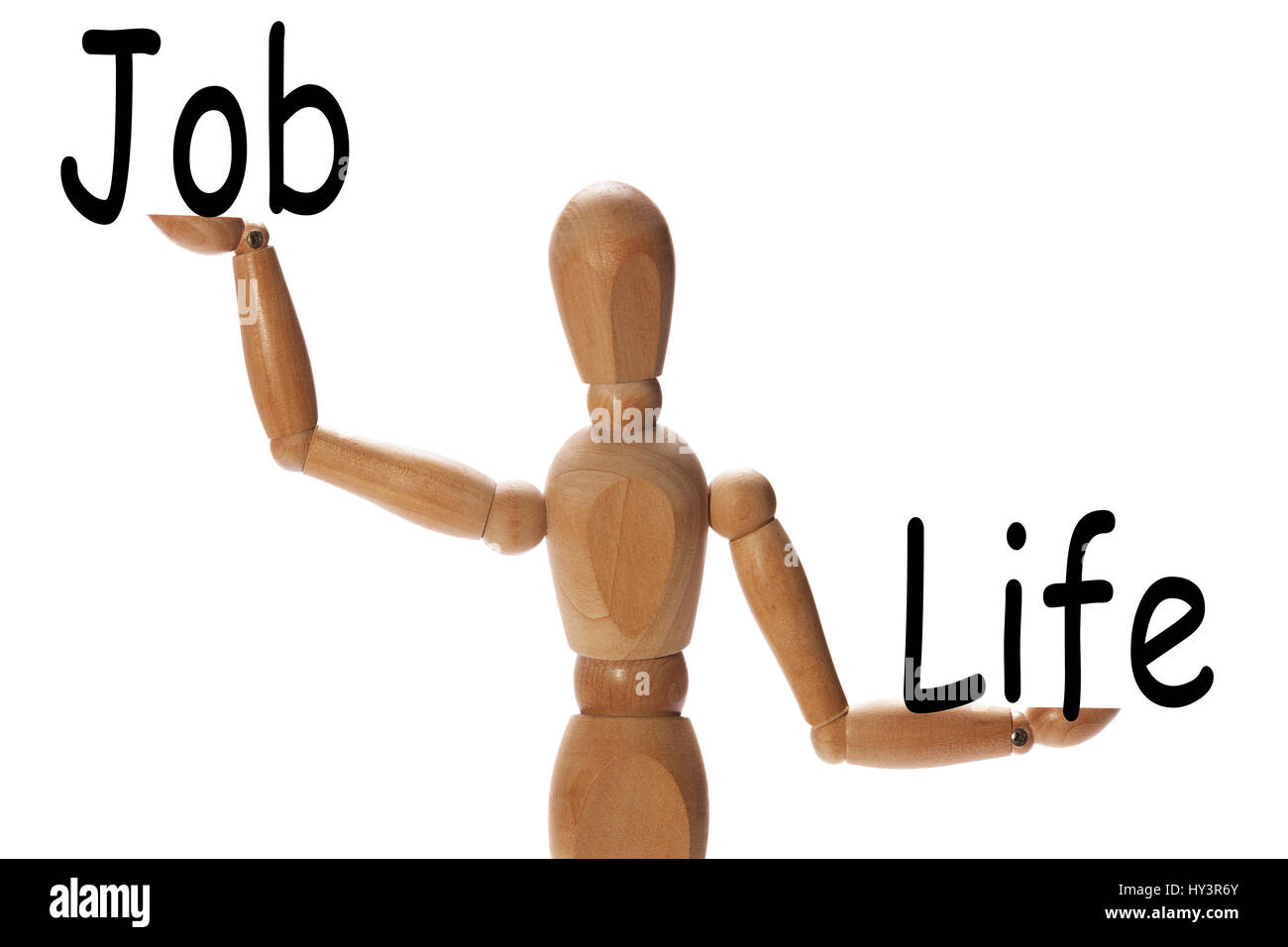 Mannequin measuring the importance of life versus the job on the palms of the hands Stock Photo