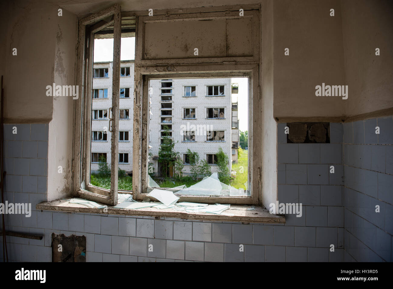 interior of an old abandoned soviet hospital in military town of  skrunda, latvia Stock Photo