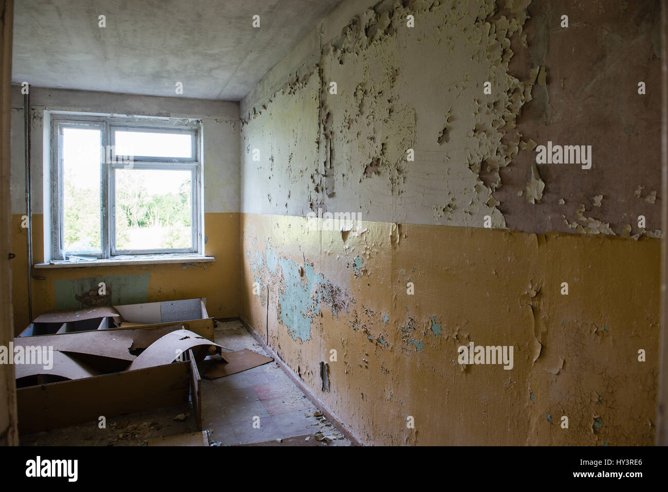 interior of an old abandoned soviet hospital in military town of  skrunda, latvia Stock Photo