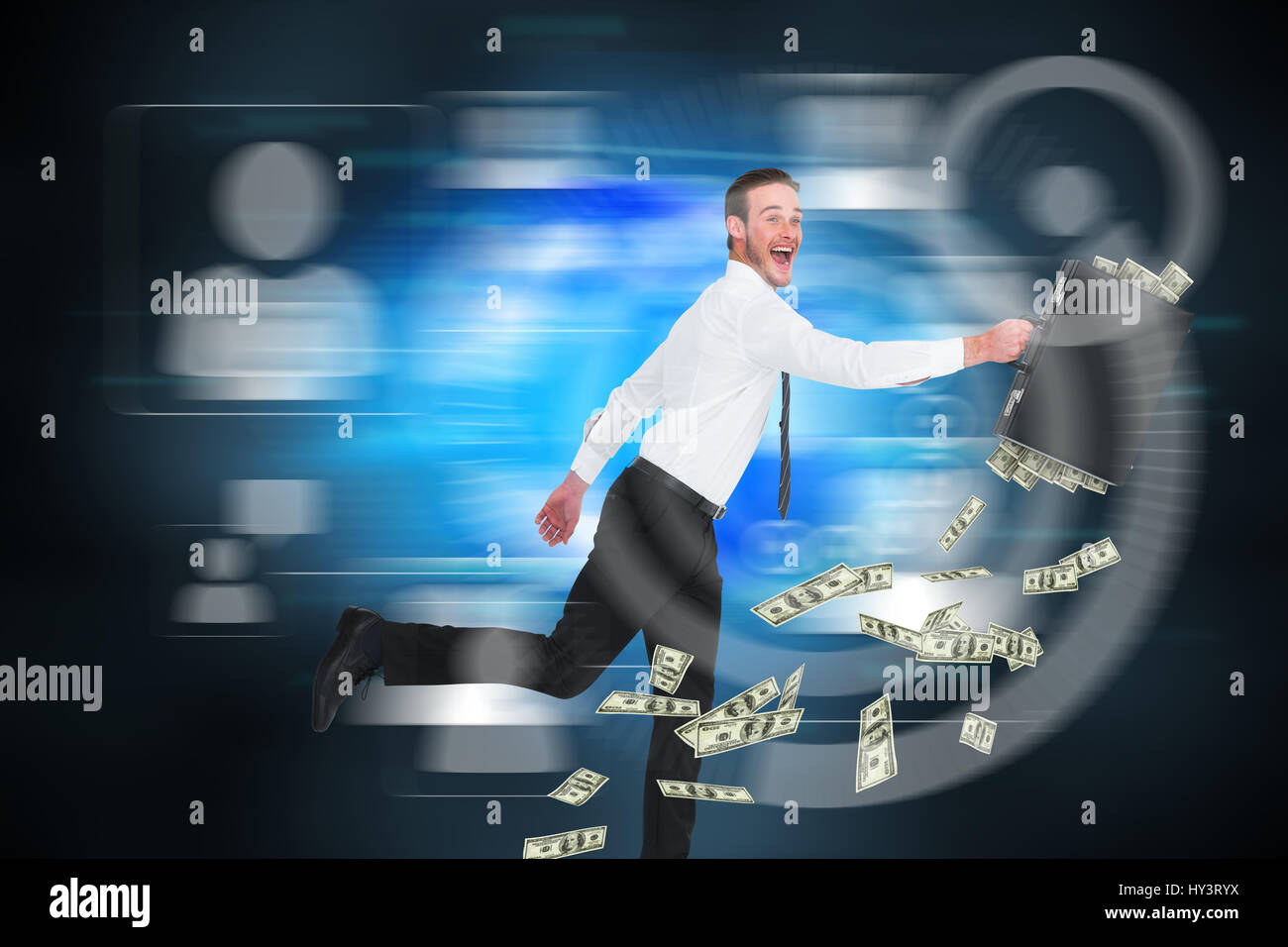 Running businessman against futuristic technology interface Stock Photo