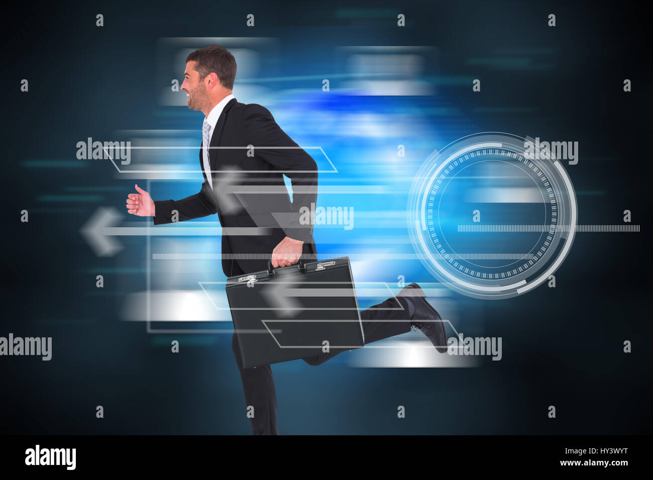 Running businessman against futuristic technology interface Stock Photo