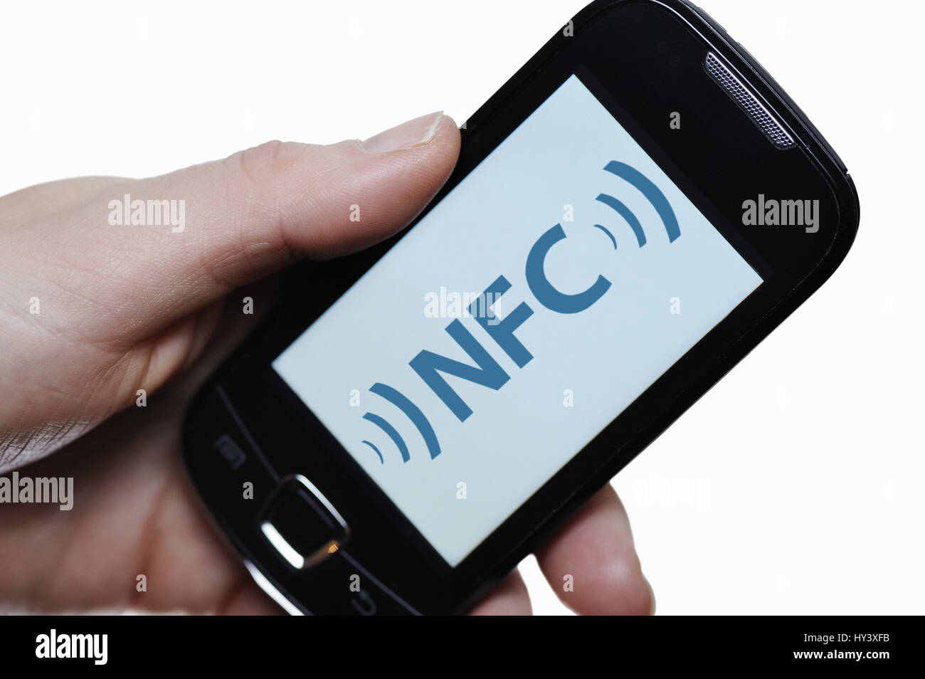 Hand with smartphone, NFC, Near Field Communication, Hand mit Smartphone Stock Photo